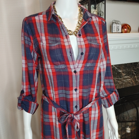 BANANA REPUBLIC PLAID FLANNEL BELTED SHIRT DRESS, PLAID RED 4 - Picture 5 of 12